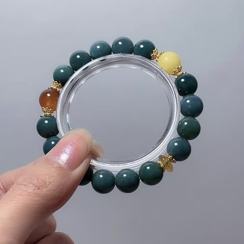 天然原礦 藍水翡翠 9.8 mm 蜜蠟 澄石榴 黃碧璽 手鍊 - 手鍊/手環 - 玉石 綠色