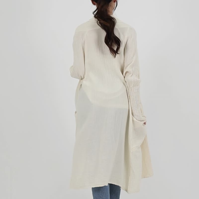 Summer Cotton Cover Up Long Cardigan, Double Crinkle Cotton Gauze Jacket - 女大衣/外套 - 棉．麻 卡其色