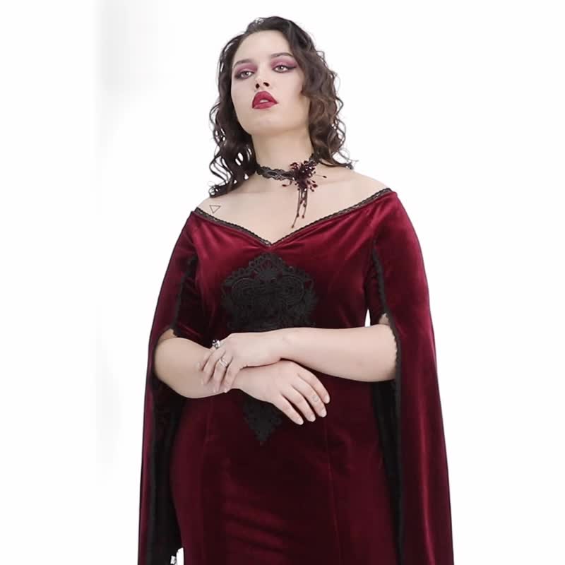 【大尺碼】哥德女巫降靈會絲絨禮服 / 連身裙 -  紅 / 黑 - 晚裝/晚禮服  - 其他材質 紅色