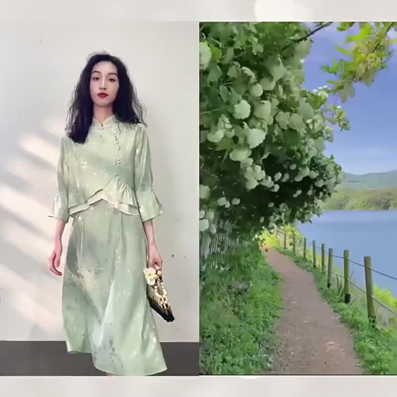 限量販售 新中式國風改良旗袍 中袖刺繡上衣吊帶裙套裝洋裝 - 連身裙 - 聚酯纖維 綠色