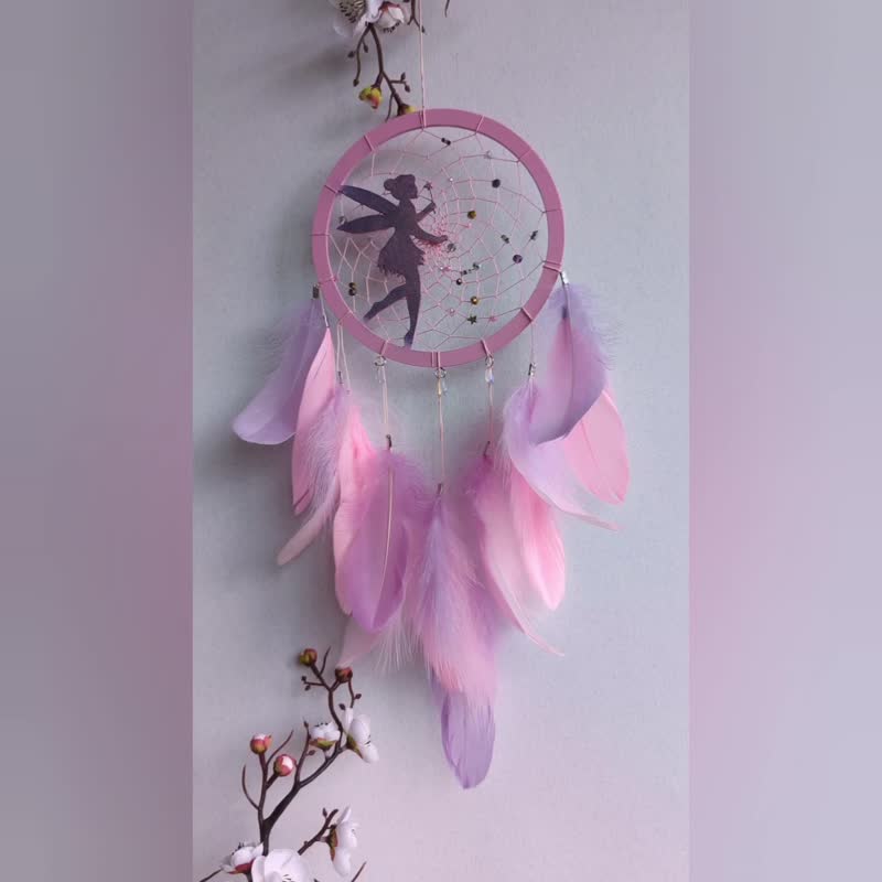 Pink Fairy Dreamcatcher for Girls – Pink and Lilac Feathers – Nursery Wall Decor - 牆貼/牆身裝飾 - 玻璃 粉紅色