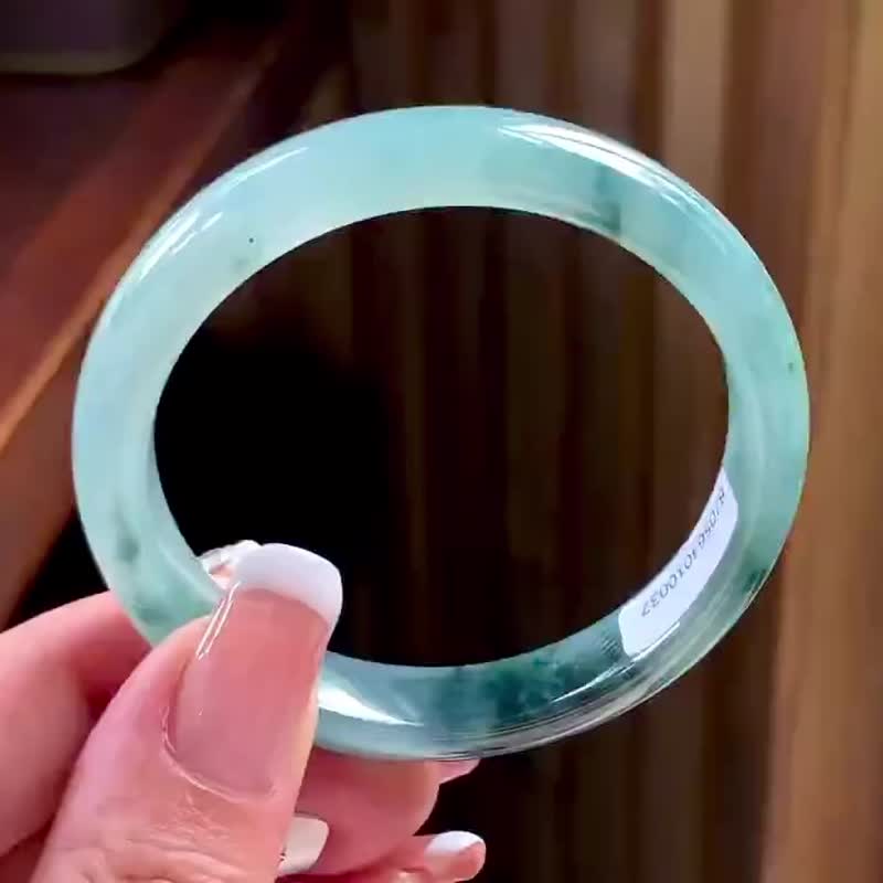 冰種翡翠天然翡翠玉鐲A玉手鐲 玉鈪 • 冰種水墨丹青翡翠福鐲 - 手鍊/手環 - 玉石 藍色