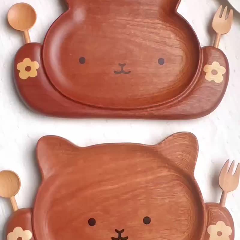 Meow stylish cute cat spoon fork plate solid wood rabbit plate breakfast plate high value fruit salad fruit children home - จานและถาด - ไม้ สีนำ้ตาล