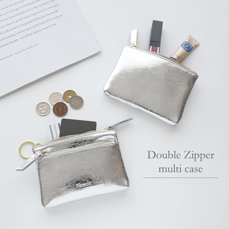 Wジッパー マルチケース A 名入れ 】 シルバー ポーチ コイン