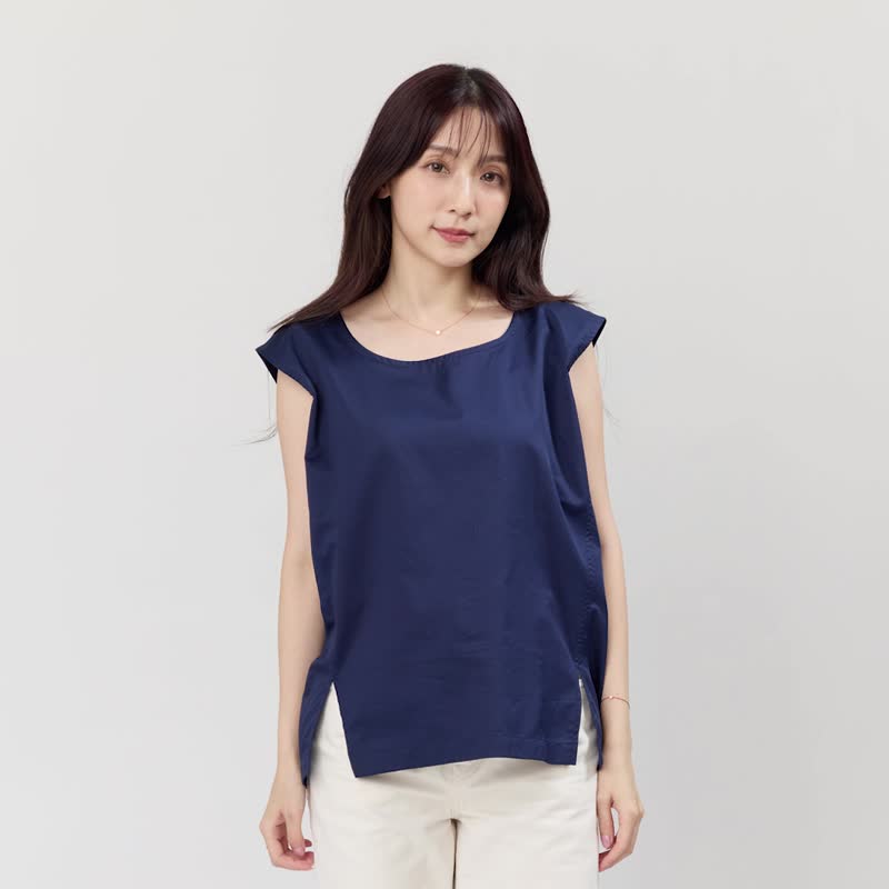 Dolly 簡約棉質夏日無袖小開岔上衣 - 女裝 背心 - 棉．麻 藍色