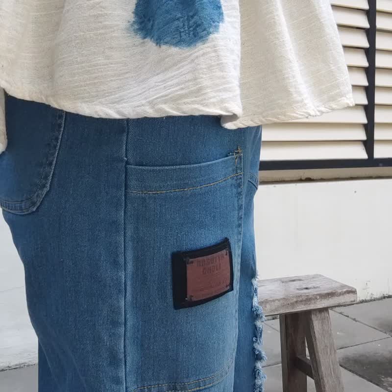 Arya Pants - 拼色下擺牛仔褲 - 女長褲 - 棉．麻 藍色