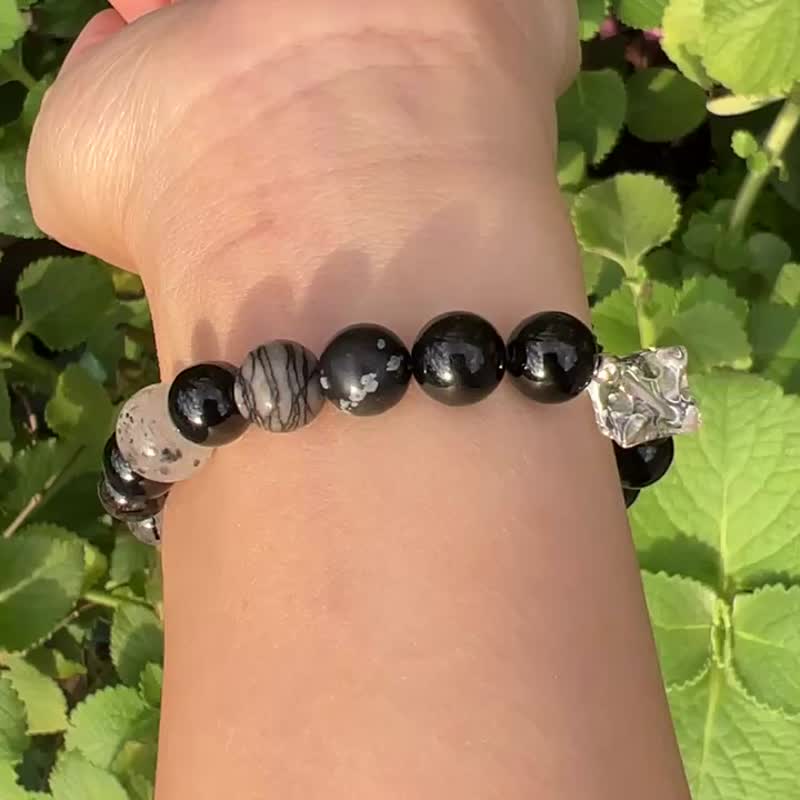 ||黑星||海底輪能量辟邪手環。碧璽/髮晶/茶晶/超七/網絡石/純銀 - 手鍊/手環 - 水晶 黑色