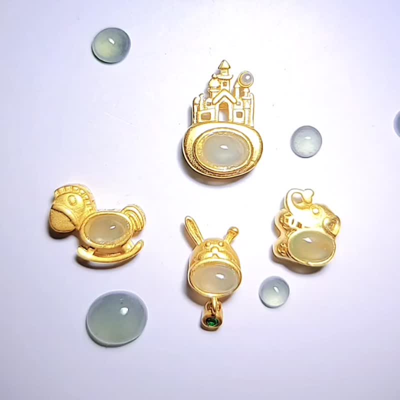 緬甸A貨翡翠純銀鍍金古法金工藝鑲嵌冰起剛蛋面萬用臺 - 項鍊 - 玉石 