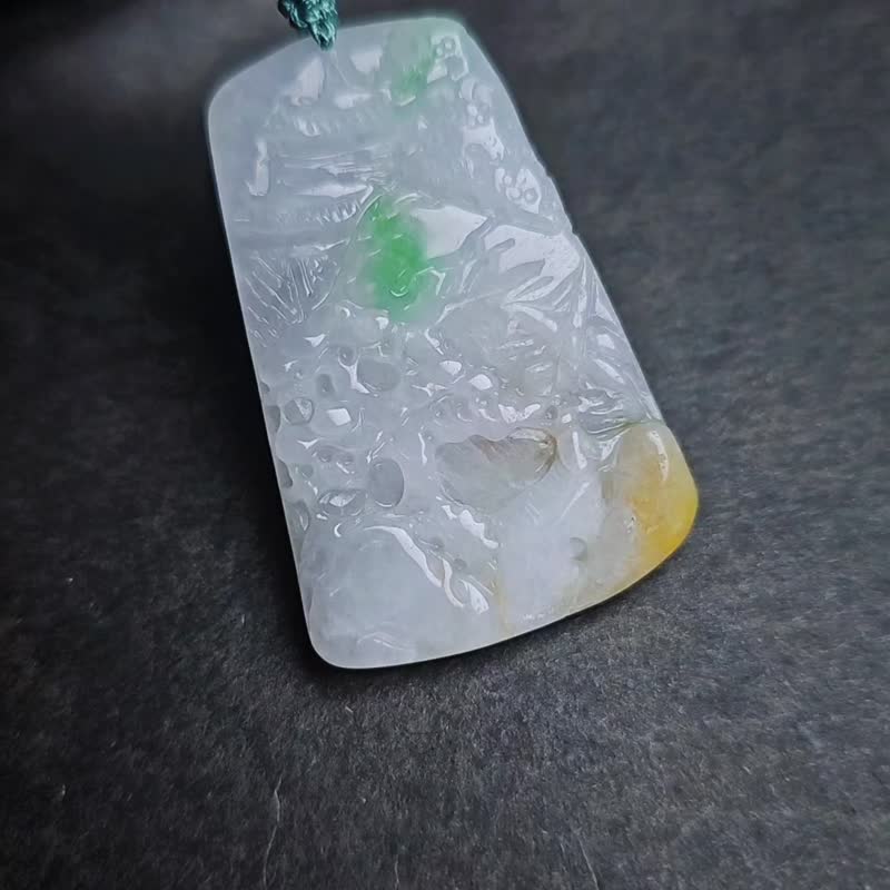 招財•前途無量•順風順水|細糯冰三彩山水牌|緬甸A貨翡翠吊墜 - 項鍊 - 玉石 