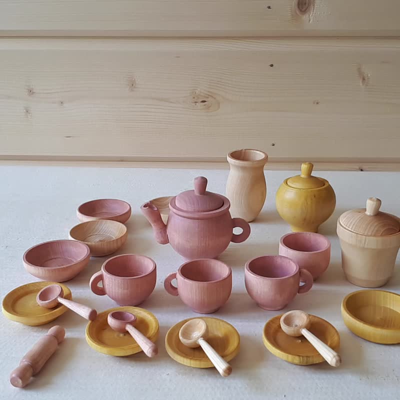 Wooden Tea Set Montessori toy Toddler eco-friendly Play accessories - ของเล่นเด็ก - ไม้ สีส้ม