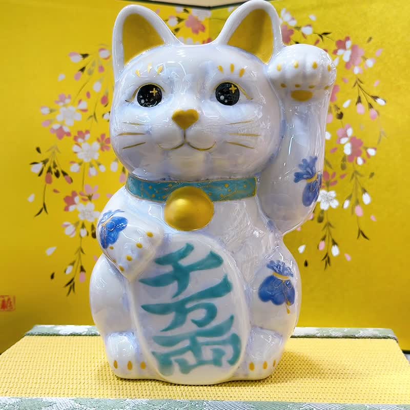 【晶藤千万】日本清水燒招財貓 | 花結晶 藤 - 千万両 特大 左 - 擺飾/家飾品 - 瓷 白色