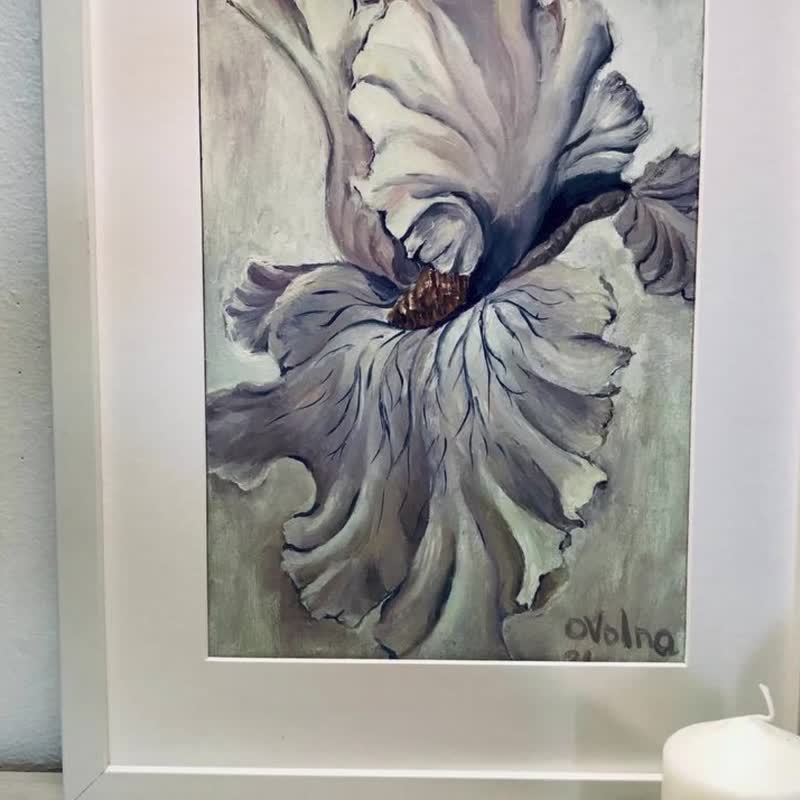 Blossoming Iris, White Painting, Original wall Art, Calm gift, Neutral Handmade - Wall Décor - Essential Oils Gray