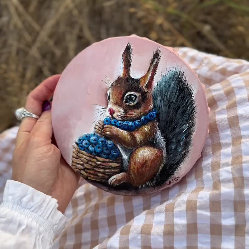 Squirrel original painting, Squirrel mini painting, Woodland animals, Forest art - 壁貼/牆壁裝飾 - 棉．麻 黑色