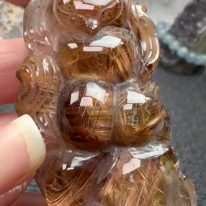 絕美 咖啡鈦 母礦 九尾狐 雕刻件 吊墜 配繩 - 項鍊 - 水晶 金色
