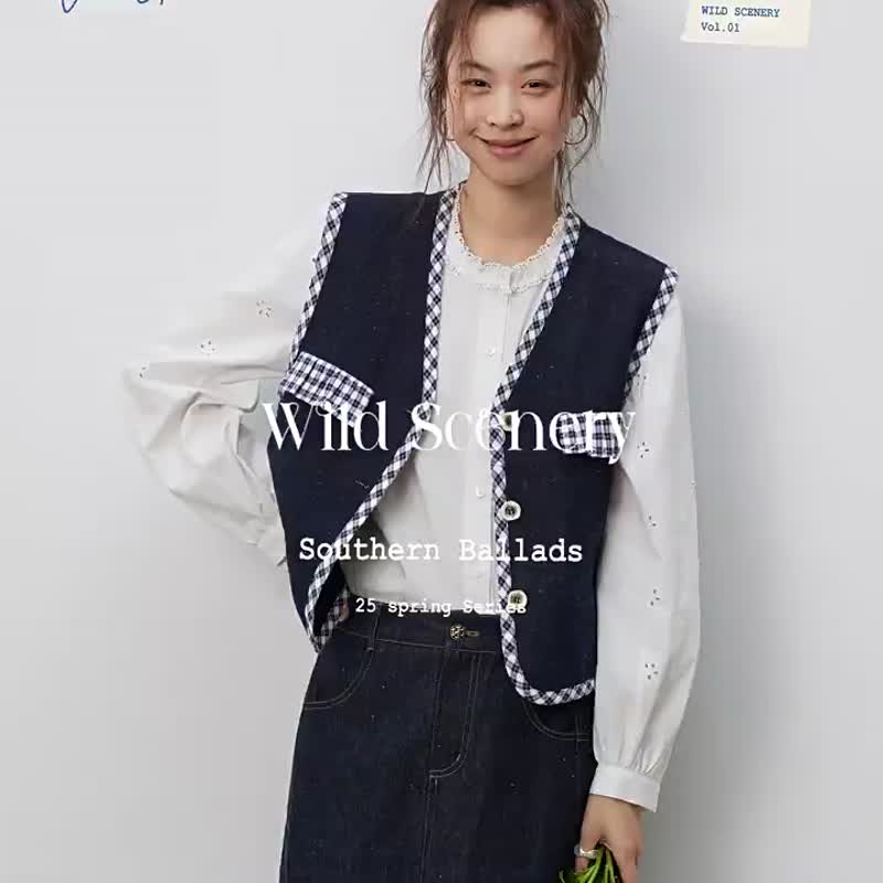 深靛藍色 想像格紋 法式牛仔馬甲 V領疊搭背心上衣 - 背心/無袖上衣 - 棉．麻 藍色