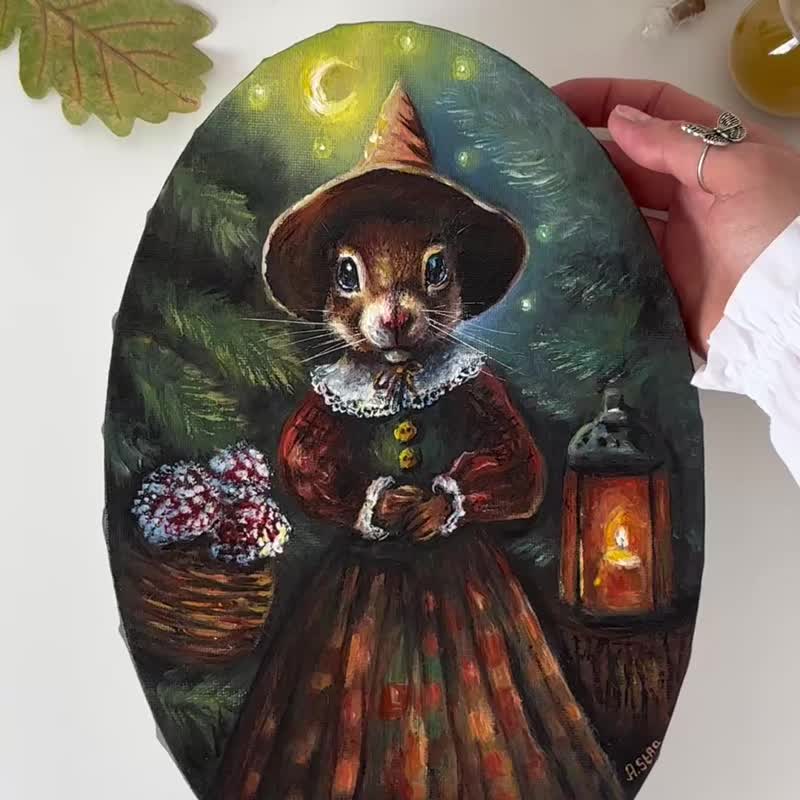 Squirrel oval painting, Squirrel wall decor, Animal fairy art, Woodland animals - 壁貼/牆壁裝飾 - 棉．麻 黑色