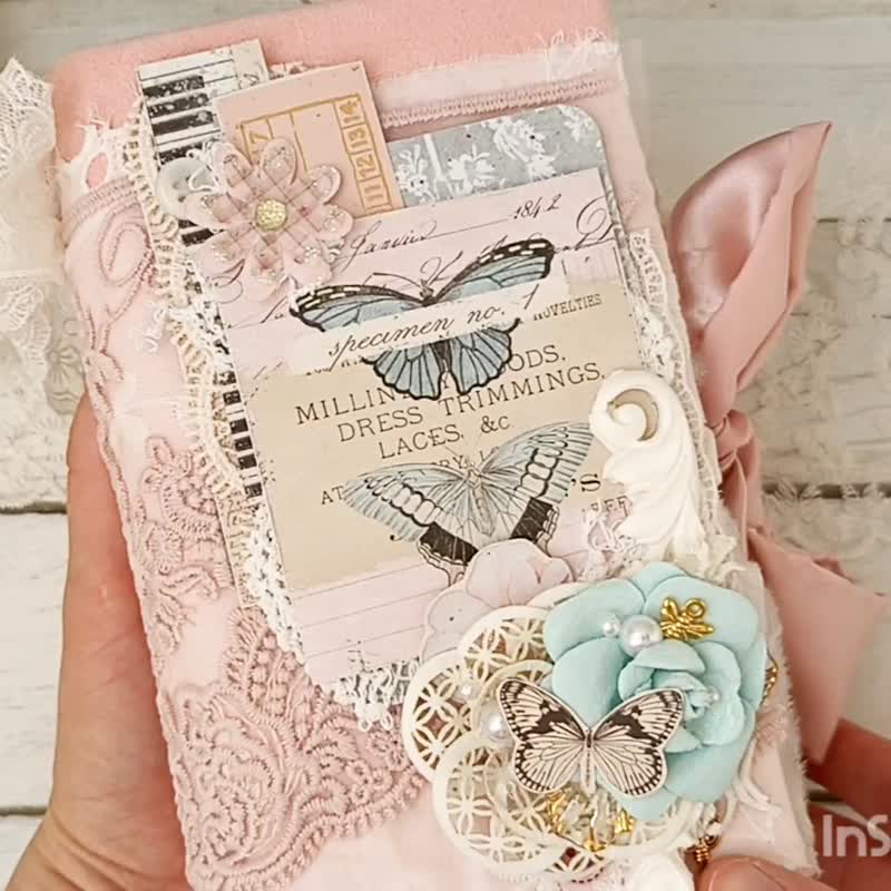 Luxury elegant rose junk journal handmade Lace flower butterfly journal - 筆記本/手帳 - 紙 粉紅色