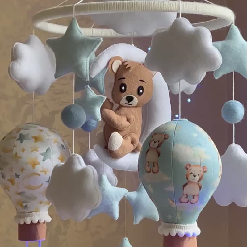 Bear mobile Musical mobile crib Baby shower gift Nursery mobile hot air baloon - Kids' Toys - Other Materials Blue