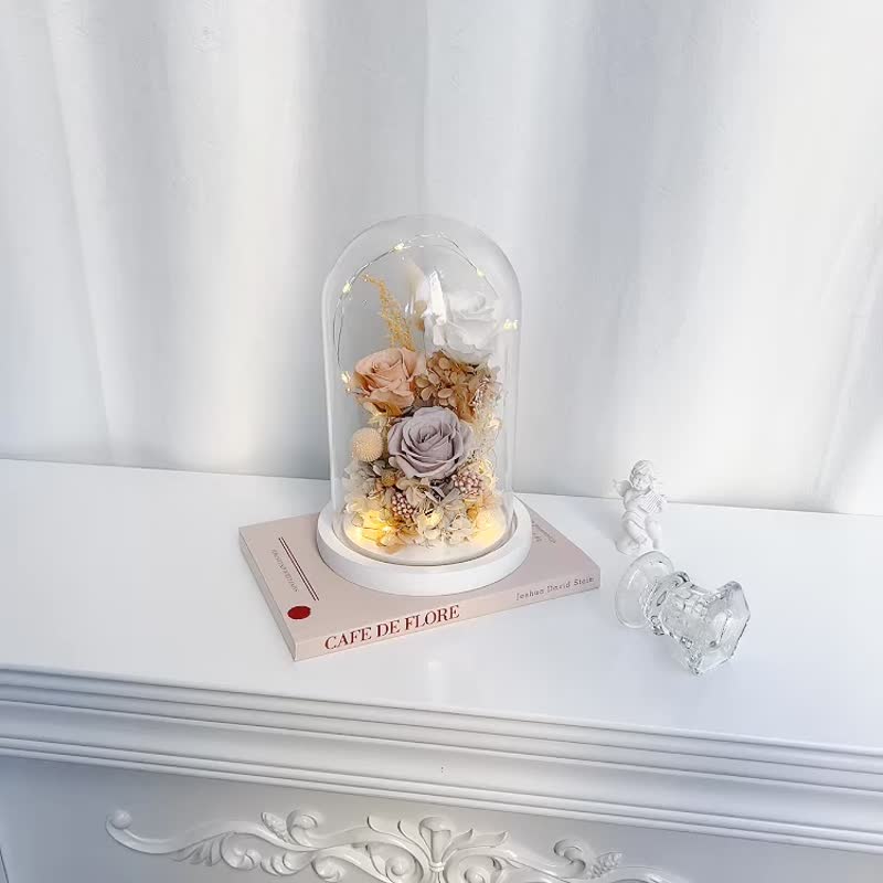 Valentine's Day Gift/Customized Gift LED Three Roses Preserved Flower Glass Bell Jar-Milk Tea Apricot Dried Flowers - Dried Flowers & Bouquets - Plants & Flowers Blue