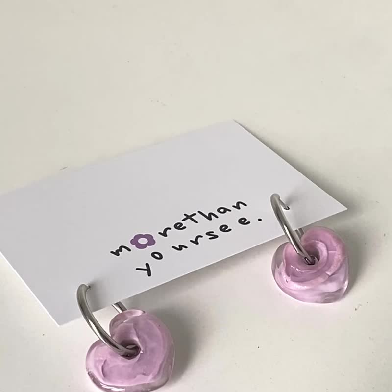 Heart Heart Earrings Stainless Steel Hoop Earrings Stainless Steel Glass Heart Handmade - Earrings & Clip-ons - Glass Pink