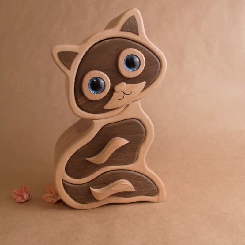Wooden Jewelry Organizer Box for Women Cute Cat Handmade Home Decor Unique Gift - 居家收納/收納盒/儲物盒 - 木頭 卡其色