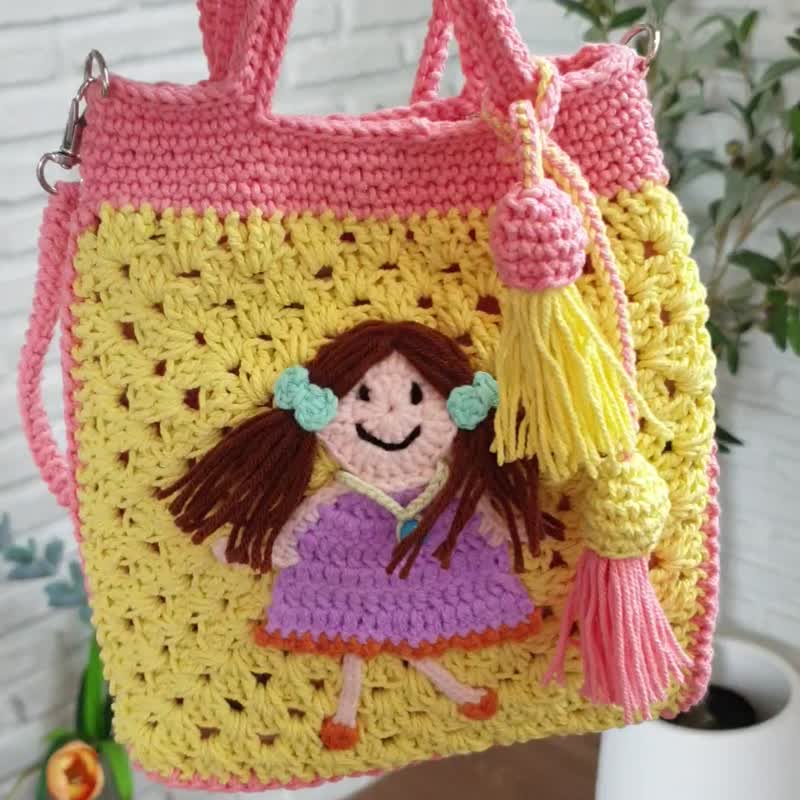 Handmade crochet bag with compartment on the back for girls, yellow-pink. - Handbags & Totes - Cotton & Hemp Yellow