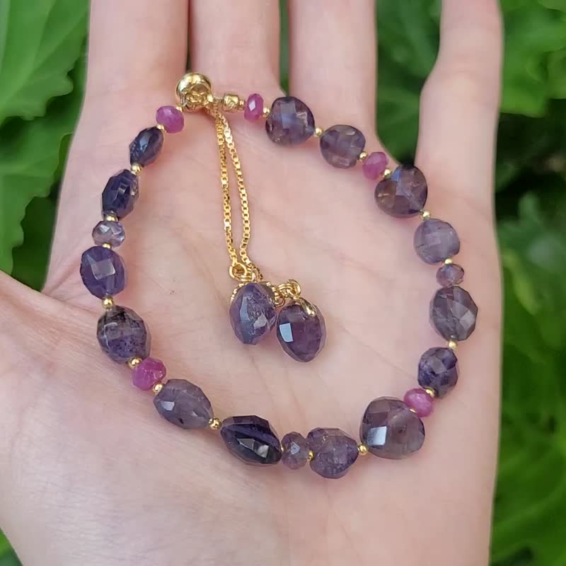 頂級血點堇青石 紅寶石 大紅大紫 心想事成 智慧 手鍊 單品 禮物 - 手鍊/手環 - 寶石 紫色