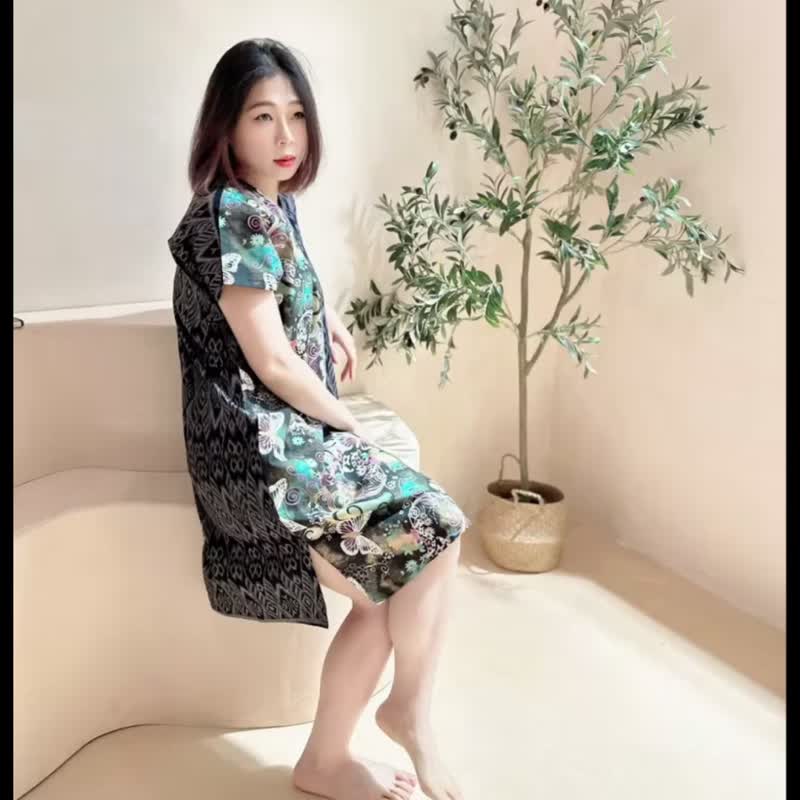 純棉夢幻白蝴蝶花草紋拼接民俗風絲質紫色菱格長版四方衣連身裙 - 洋裝/連身裙 - 棉．麻 多色
