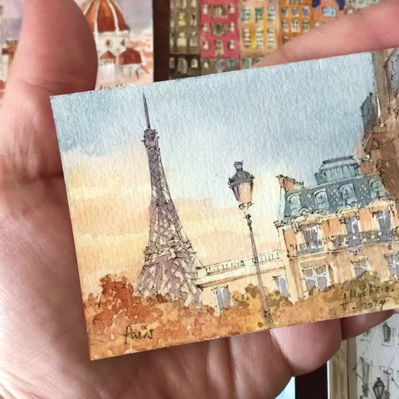 Paris watercolor miniature Original ACEO painting by AnaMuStudio - 壁貼/牆壁裝飾 - 紙 金色