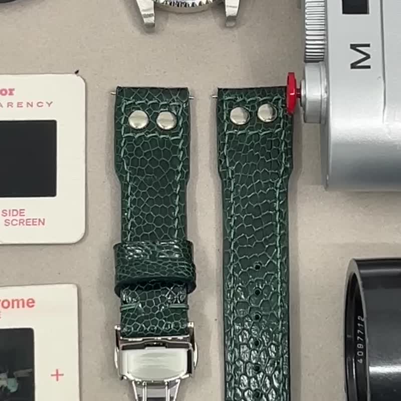Green Ostrich Leg Big Pilot Leather Watch Strap with Rivets, 22mm 21mm Gift Idea - สายนาฬิกา - หนังแท้ สีเขียว