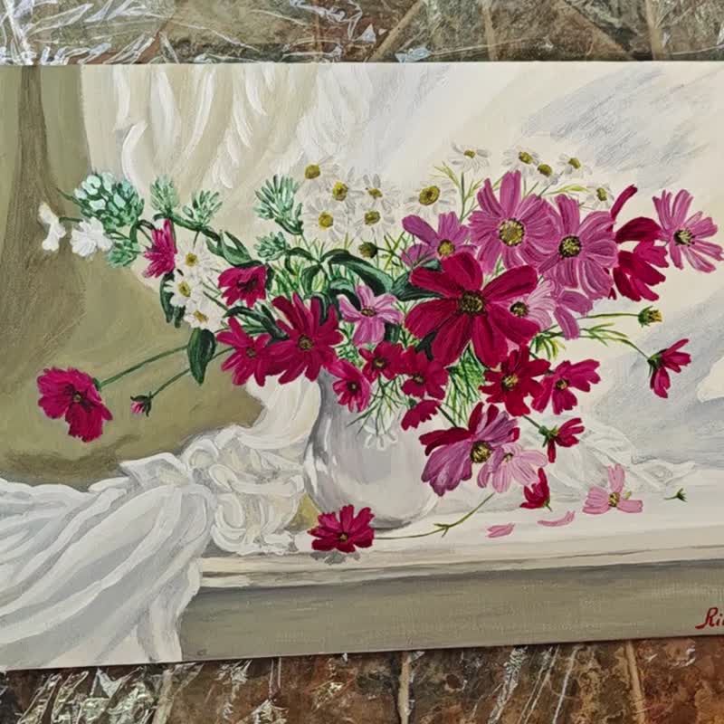 花瓶に入ったピンクのコスメの花束 花の静物画 RinaArtSKによる