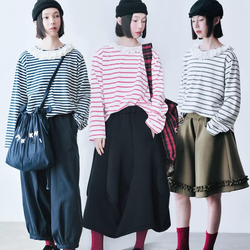 Black and white striped autumn pure cotton side collar long-sleeved top - เสื้อผู้หญิง - ผ้าฝ้าย/ผ้าลินิน สีเทา