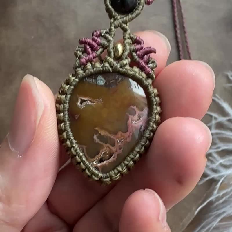 N1185 民族風 蠟線編織 白鐵礦瑪瑙 銀曜石珠 頸鏈 (可調長度) - 項鍊 - 寶石 咖啡色