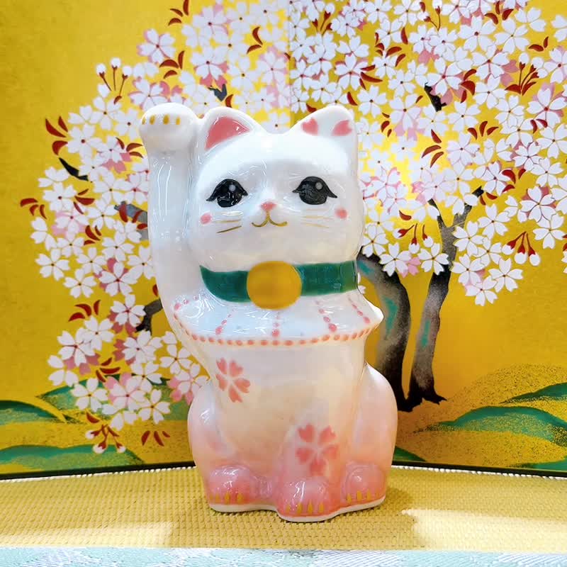【櫻晶聚福】日本清水燒招財貓 | 花結晶 桃白 - 開運招福 - 擺飾/家飾品 - 瓷 粉紅色