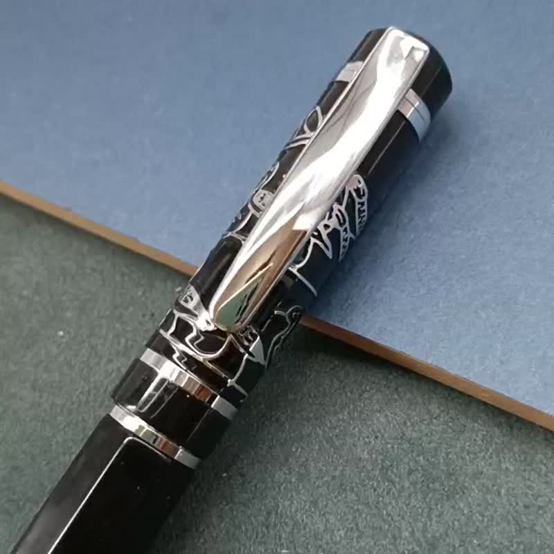 Metal octagonal pen barrel Roman chariot leopard and teal noble black piano paint 360 engraving pen - Fountain Pens - Other Metals 