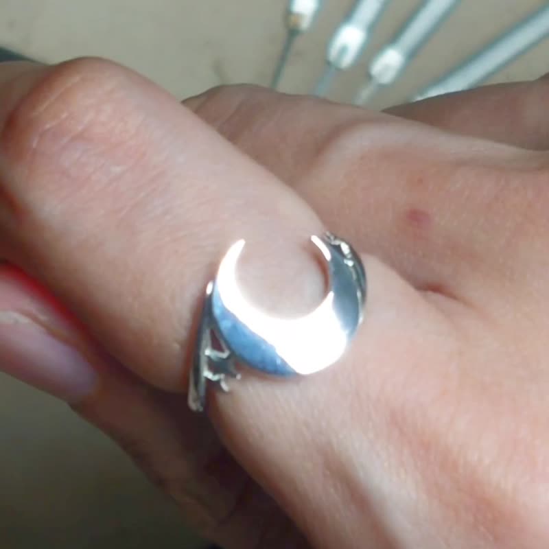 Hand Engraving Star in Arabesque Moon Silver Ring - General Rings - Sterling Silver Silver