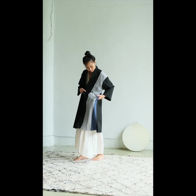 百褶拼接長罩衫 / 亞麻 黑 - 女大衣/外套 - 棉．麻 黑色