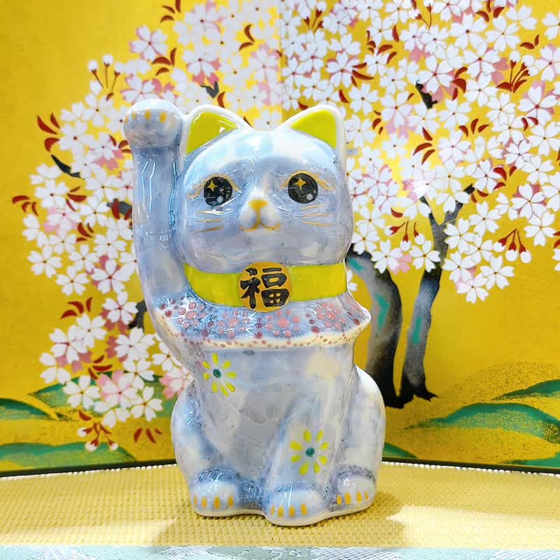 【晶藤迎祥】日本清水燒招財貓 | 花結晶 - 銀藤 招福 - 擺飾/家飾品 - 瓷 藍色