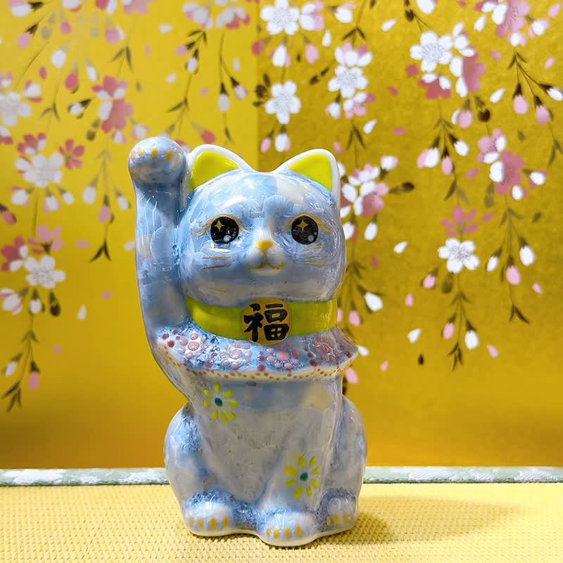 【晶藤迎祥】日本清水燒招財貓 | 花結晶 - 銀藤 招福 - 擺飾/家飾品 - 瓷 藍色
