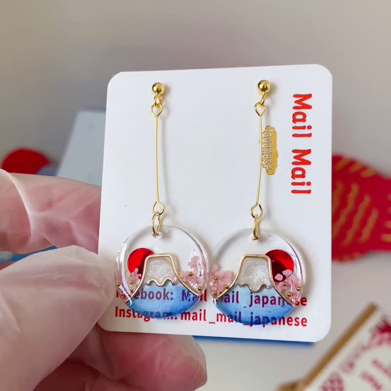 曰出富士山櫻花、耳針、耳夾 - 耳環/耳夾/耳骨夾 - 樹脂 多色