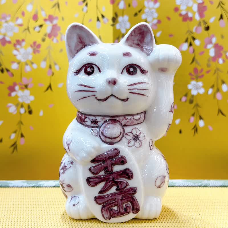 【櫻雅聚寶】日本清水燒招財貓 | 紫染付 - 櫻 左 - 擺飾/家飾品 - 瓷 白色