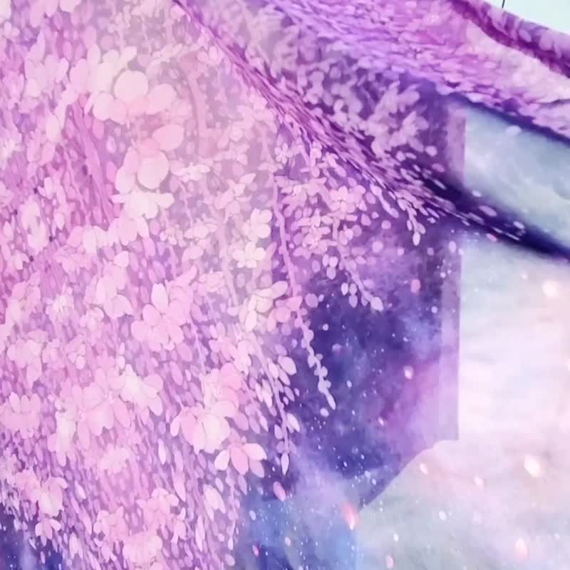 【night cherry blossoms of Virgo spica】水彩画　アートシフォンストール　深藍　ファッション　スカーフ　枝下桜 - 圍巾/披肩 - 聚酯纖維 藍色