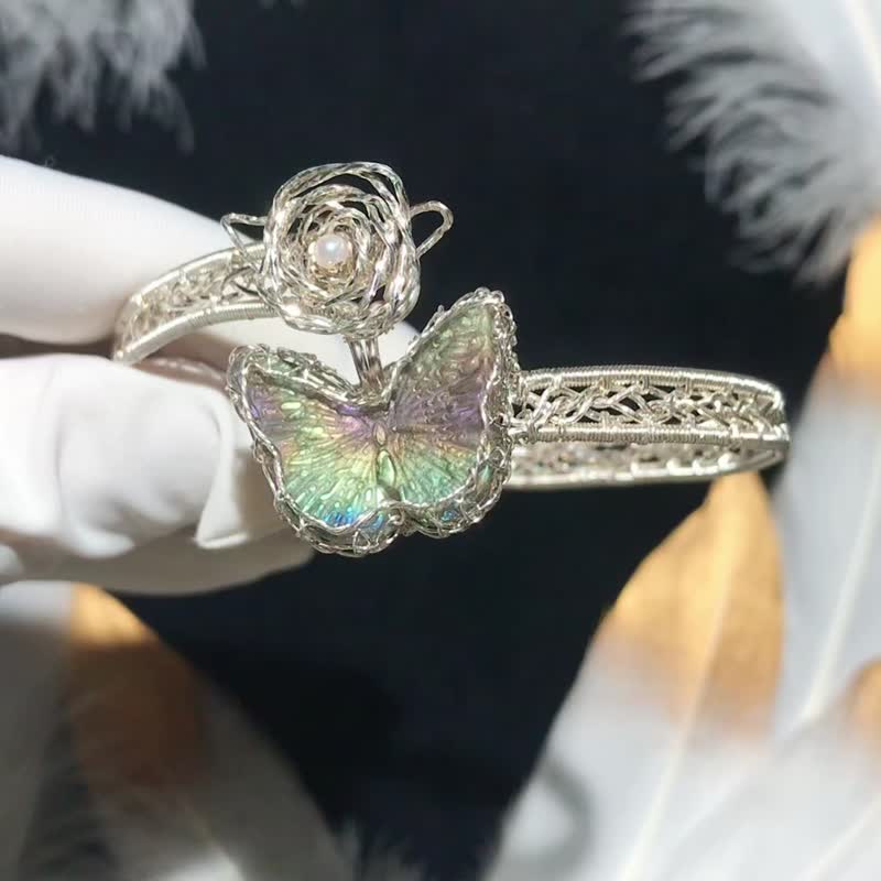 純手工純銀製作彩色l拉長石蝴蝶玫瑰花手鐲 - 手鍊/手環 - 寶石 多色