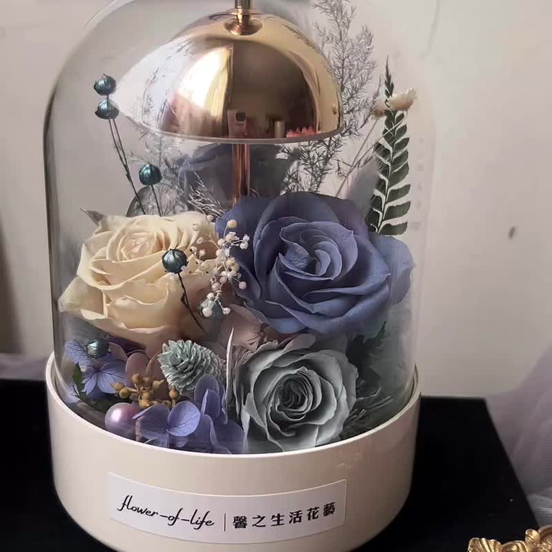 【生日禮物】flower-of-life  暖藍星願 風鈴拍拍玻璃罩 日本玫瑰 - 乾燥花/永生花 - 玻璃 藍色