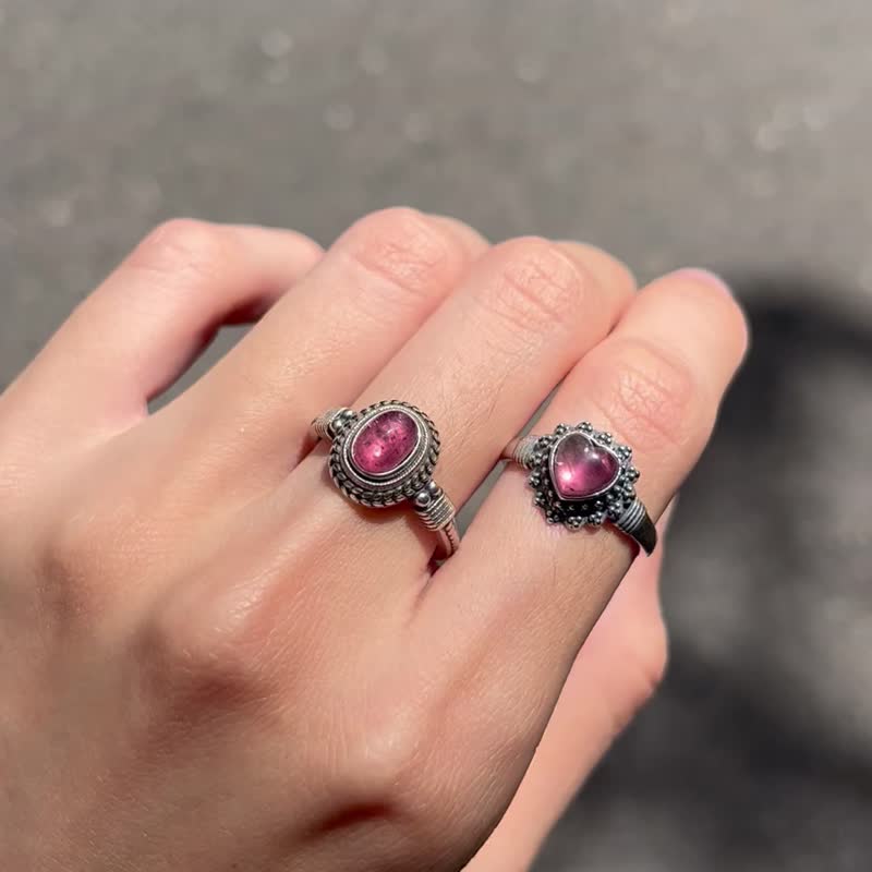 Xiyingyao 925 Silver tourmaline pink tourmaline watermelon tourmaline love ring live ring ethnic style - แหวนทั่วไป - คริสตัล สีเงิน