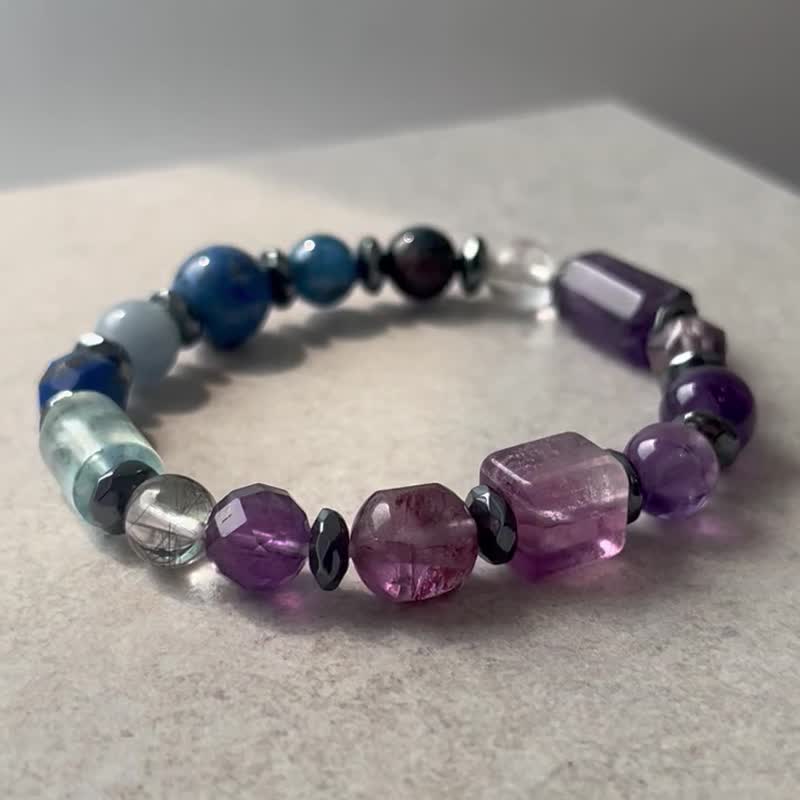 Aquamarine Amethyst Stone Bronze Kyanite Stone Stone Lazuli Natural Crystal Bracelet - สร้อยข้อมือ - คริสตัล 