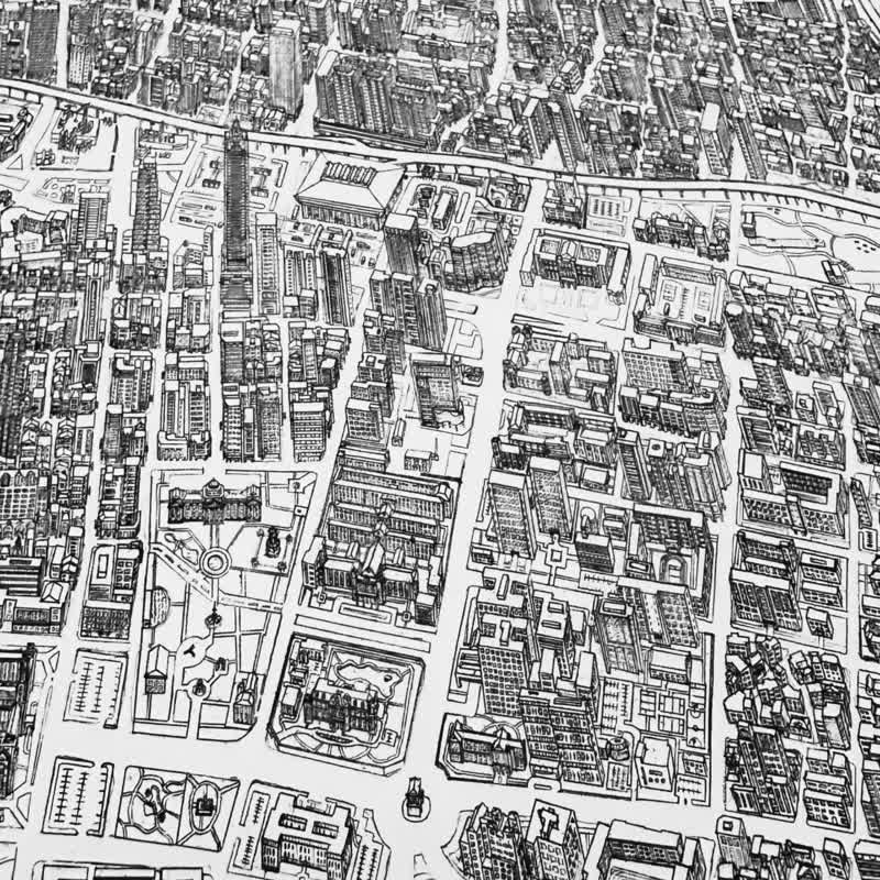 當代台北 手繪地圖 藝術紙印刷版 80 x 34 cm - 牆貼/牆身裝飾 - 紙 白色