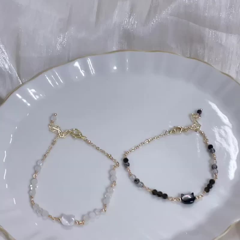 Double-sided black/white abalone/obsidian/black crystal/moonstone/avoid evil/good luck/14K color-preserving bracelet - Bracelets - Other Metals White