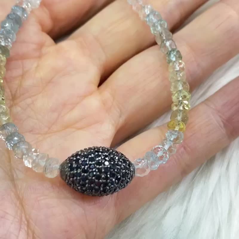 天然 海藍寶 黑色尖晶石 手鍊 尼泊爾 手工製 925純 - 手鍊/手環 - 寶石 