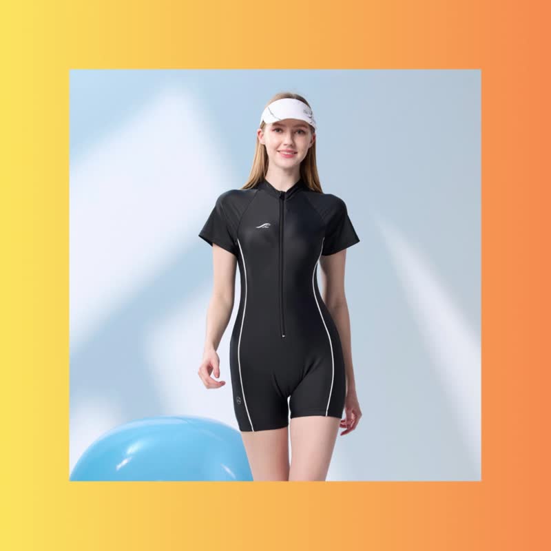 MIT short-sleeved one-piece four-corner swimsuit diving essential - Women's Swimwear - Polyester Black